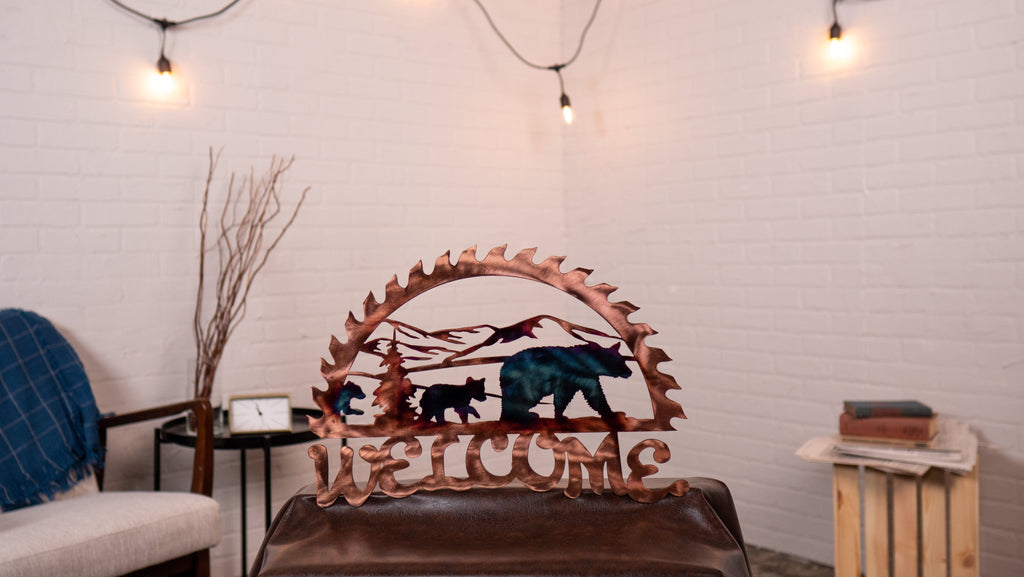 Welcome Sign - Bear Sawblade Wall Art Third Shift Fabrication Copper Torch 