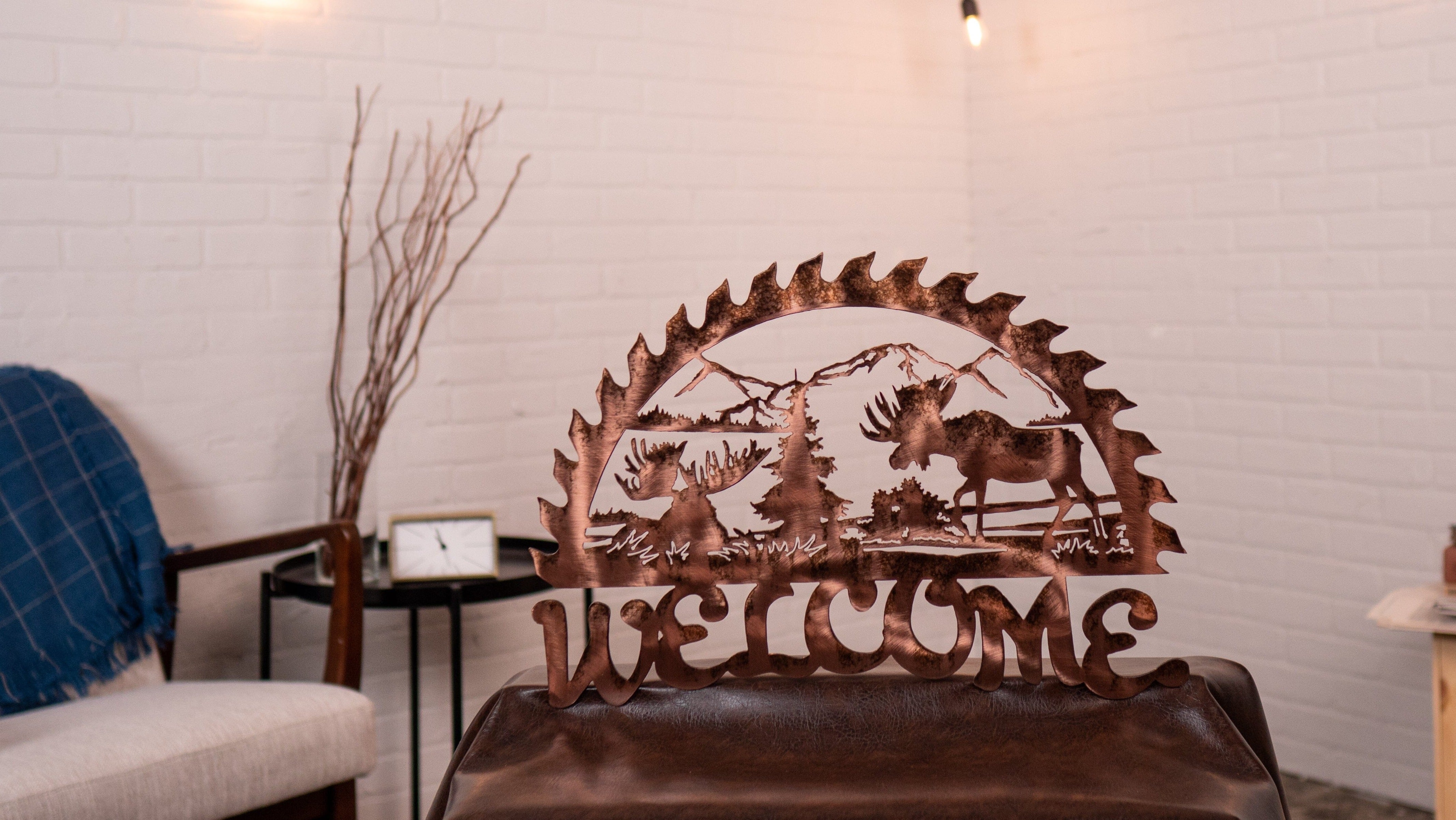 Welcome Sign - Moose Sawblade Wall Art Third Shift Fabrication Vintage Copper Moose Welcome (No Magnet Mounting Kit) $79.00 